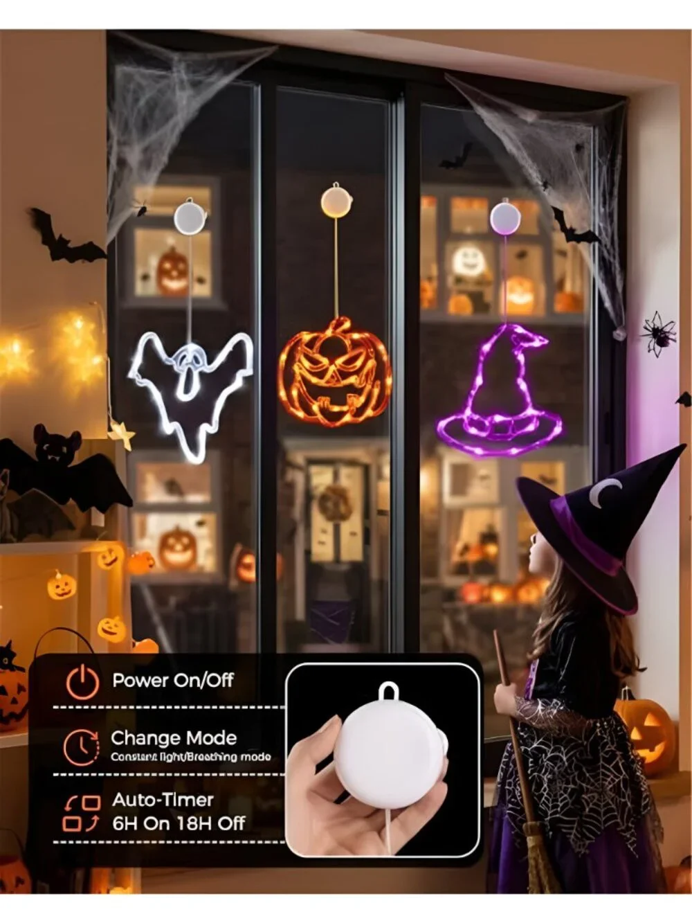 3 Pack Halloween Windows Lights - Pumpkin, Ghost, Hat with Timer